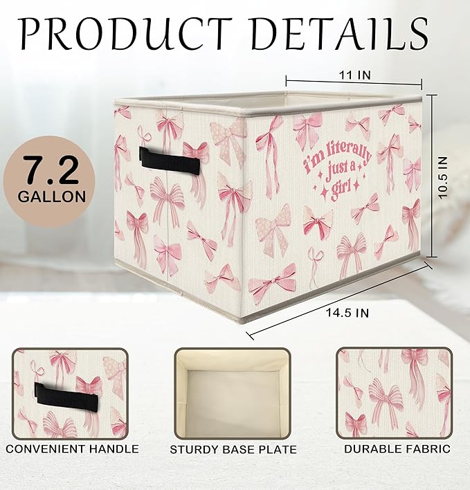 FDHSPAAM Coquette Preppy Pink Bow Storage Bins Box with Handles, I'm Iiterally Just a Girl Collapsible Fabric Storage Basket Box Organizer for Girls Dorm Bedroom Bathroom Clothes Toys Books