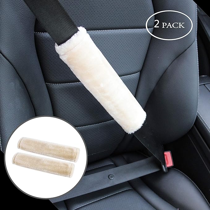 Amooca Soft Faux Fur Universal Fit Seatbelt Cover Car Truck SUV Airplane Seat Belt Shoulder Pad for Carmera Backpack Straps Neck Cushion Protector 2 Pack 10.5in Beige