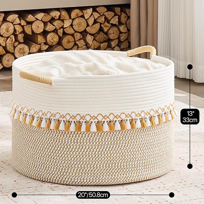 KAKAMAY Cotton Rope Storage Basket (20"x13"),Woven Hamper for Blankets,Toys,Pillows,Clothes,Laundry,Sturdy Handles Decorative Basket for Living Room, Bedroom,Nursery(Brown/Grey)