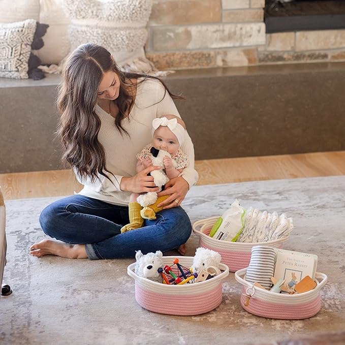 NaturalCozy 3-Piece Oval Storage Basket Set– Soft Natural Rope Woven Baskets for Storage Shelf, Toy, Nursery, Gift, Baby Shower, Pets Cat Dog Bins | Small Basket for Organizing (Off White & Pink)