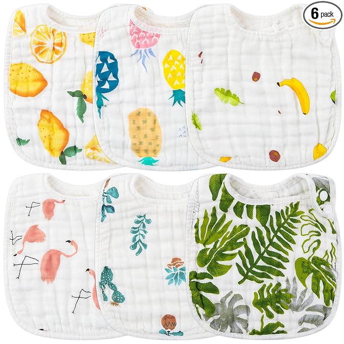 Zainpe 6Pcs Snap Muslin Cotton Bibs for Baby Lemon Flamingo Leaf Pineapple Bib with 6 Absorbent & Soft Layers Machine Washable Adjustable Burp Cloth for Drooling Eating and Teething