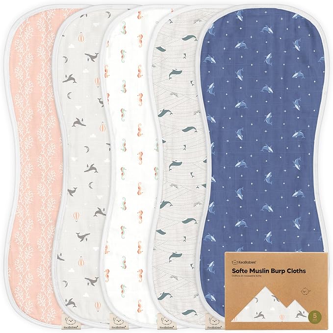 5-Pack Muslin Burp Cloths Baby Boy, Girl - Very Absorbent Baby Burp Cloth Rags, 8-Layers Viscose Derived from Bamboo Cotton Muslin Towel, Super Soft Spit Up Rags, No Shrink Washcloths (Marine Muse)