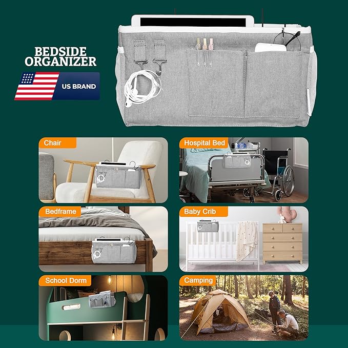 Bedside Caddy Organizer Hanging Storage Bag with Pockets for Books, Magazines, Phone, Tablet & Water Bottle – Bedside Storage for Dorm, Bunk Beds, Hospital Beds & Cribs,Grey