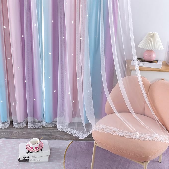 XiDi Blue Curtains for Bedroom, Blackout Curtain for Kids Room, Pink and Purple Curtain Double Layer Drapes 42 Inchs Long 52 inches Wide 1 Panel