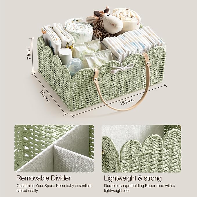 HBlife Large Baby Diaper Caddy, Paper Rope Scalloped Storage Baskets Nursery Bin with Removable Divider, Portable Car Organizer for Diapers, Baby Shower Gifts, Newborn Essentials Must Haves, Green