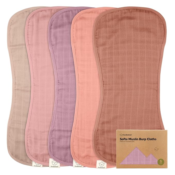 5-Pack Muslin Burp Cloths Baby Boy, Girl - Very Absorbent Baby Burp Cloth Rags, 8-Layers Viscose Derived from Bamboo Cotton Muslin Towel, Super Soft Spit Up Rags, No Shrink Washcloths (Mauve)