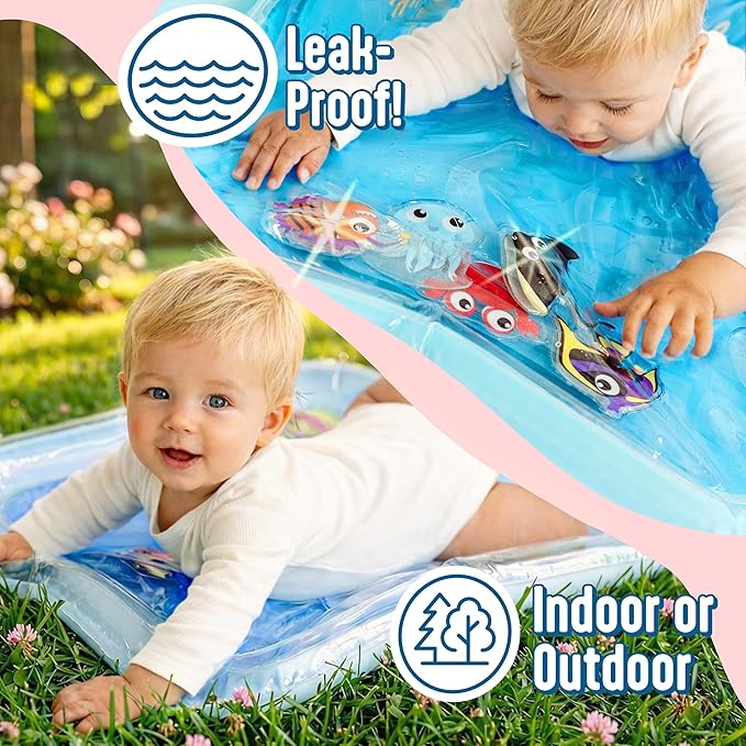 SplashEZ Lights Up Tummy Time Water Mat for Babies, Large Baby Water Mat Tummy Time for Sensory Play with LED Glowing Fishes, Inflatable Fun Play Pad for Infants & Toddlers 3 to 36 mo