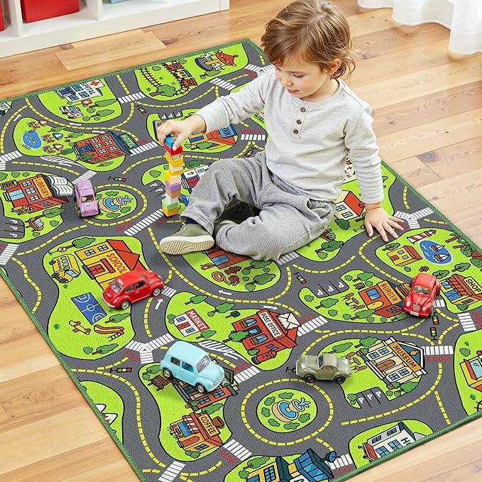 Upgrade Ultra Non Slip Kids Car Rug, Kids Road Playmat Rug for Toy Cars, Educational Town City Map Washable Carpet for Boy Playroom Bedroom, Safer Car Track Play Mat for Children Baby Toddler, 40"x24"