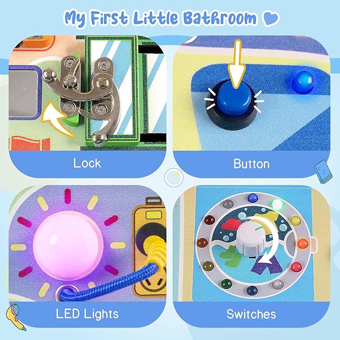 Teekdeer Busy Board Montessori Toys for Toddler 1-3 Year Old, Wooden Sensory Board with LED Light Switches,Bathroom Theme Travel Toys for 1+ Year Old Boy & Girl Birthday Gift