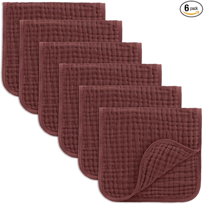 Comfy Cubs Muslin Burp Cloths 20" x 10", Pack of 6 - Large, 6-Layer, Ultra Absorbent 100% Cotton for Baby Drool and Messes - Soft, Safe & Gentle Baby Burp Cloths Set for Boys & Girls - Wine