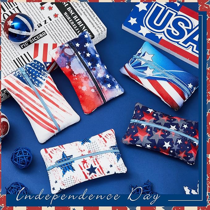5 Pieces Tissues Purse Pocket Tissue Holder Reusable Travel Tissue Pouch Fabric Zipper Enclosed Small Size US Flag Pattern Tissue Holder for Purse Coins for 4th of July, 5.25 x 3 Inches (Star Style)