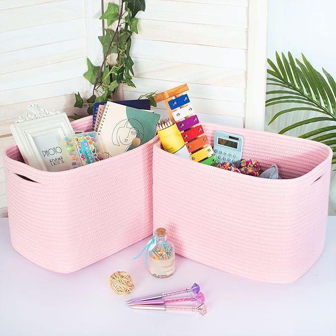 MINTWOOD Design 3-Pack Decorative Woven Storage Baskets for Shelves, Cube Bin Box for Organizing Books, Shoes, Dog Toys, Pantry Closet and Living Room Organizer, Soft Pink