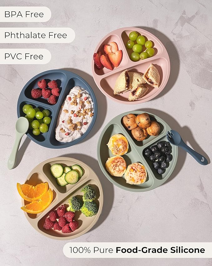 Hippypotamus Toddler Plates with Suction - 100% Food-Grade Silicone Baby Plates with Lids - Microwave & Dishwasher Safe - BPA Free - Set of 3 (Pink/Mint/Lavender with LIDS)