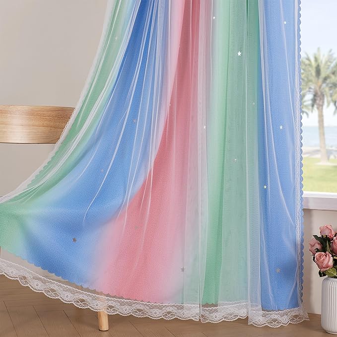 XiDi Pink & Rainbow Curtains for Kids & Girl Rooms - Blackout, Unicorn Wall Decals, Blue & Green, 34x84 Inch
