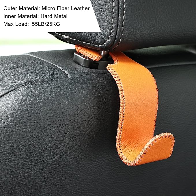 Amooca Car Seat Headrest Hook Universal Vehicle Storage Hanger Leather with Metal Car Seat Back Organizer for Handbag Purse Coat Orange 2 Pack
