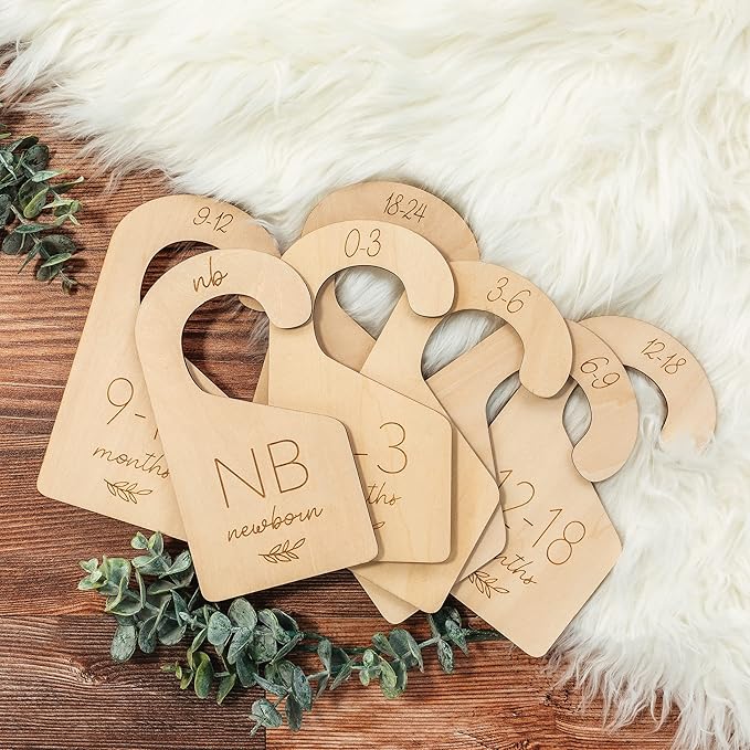 Beautiful Wooden Baby Closet Dividers Set of 7 - Double-Sided Organizer for Newborn to 24 Months Size Clothes - Adorable Nursery Decor Hanger Dividers Easily Organize Your Little Girls or Boys Room
