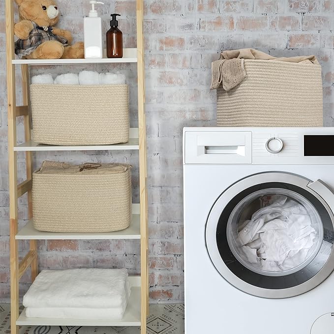 Rope storage Basket Bins Woven Basket for Organizing Shelves 15X10X9.3" Rectangle Decorative Baskets For storage Clothes Toys Books Towels Nursery basket organizer 3 pack Oatmeal