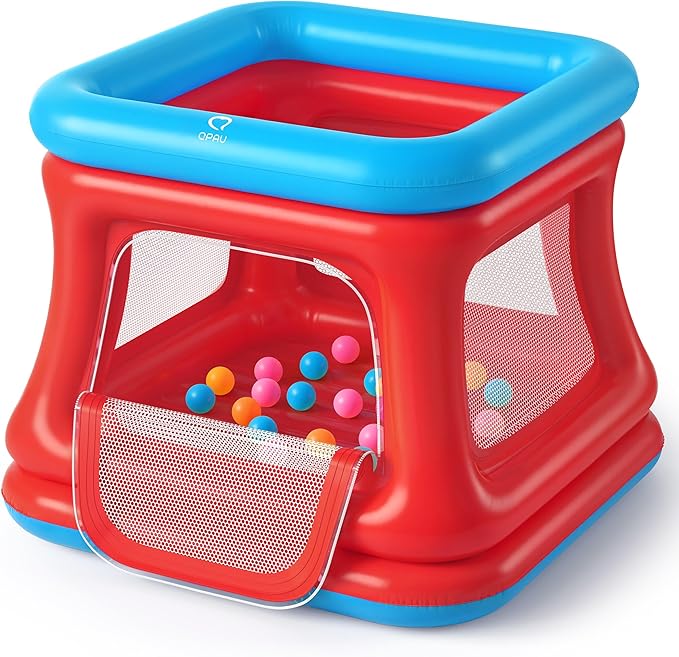 QPAU 3-in-1 Inflatable Bounce House for Toddlers 1-3, Ball Pit & Trampoline, Inflatable Bouncy House with Safety Net, Indoor & Outdoor Bubble Bouncer (Blue & Red)