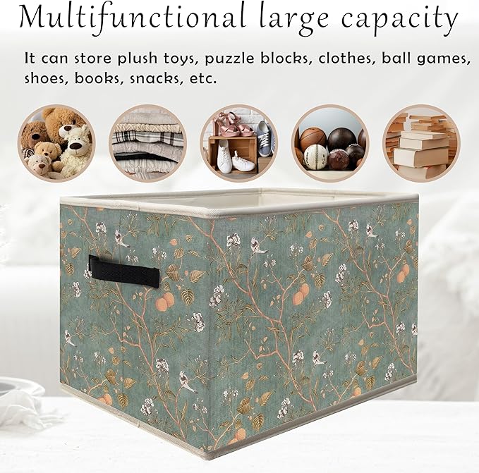 FDHSPAAM Vintage Chinoiserie Bird Floral Storage Bins Box with Handles, Cottagecore Botanical Plant Collapsible Fabric Storage Basket Box Organizer for Bedroom Bathroom Clothes Toys Books
