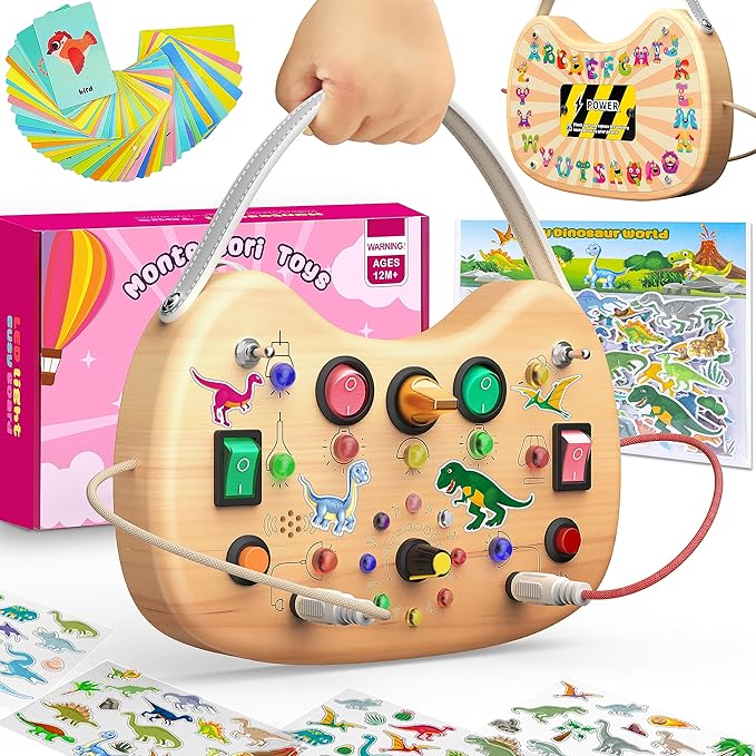 flycoost Montessori Toddler Busy Board, Wooden Busy Board with 17 LED Lights Switch, Travel Toys for Toddlers 1-3 Years,Toddler Sensory Boards, Toys for 1 Year Old Girls
