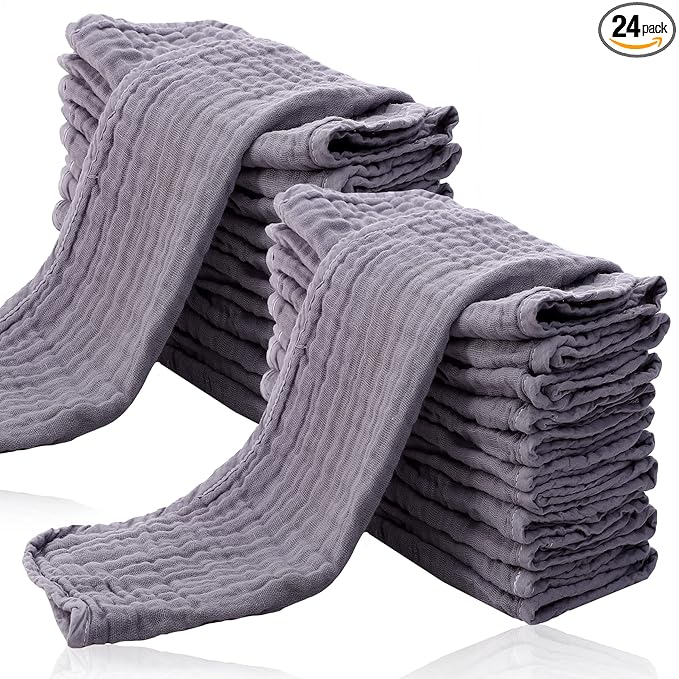 Cute Castle 24 Pack Muslin Burp Cloths for Baby - Ultra-Soft 100% Cotton Baby Washcloths - Large 20'' by 10'' Super Absorbent Milk Spit Up Rags - Burpy Cloths for Unisex, Boy, Girl - Grey