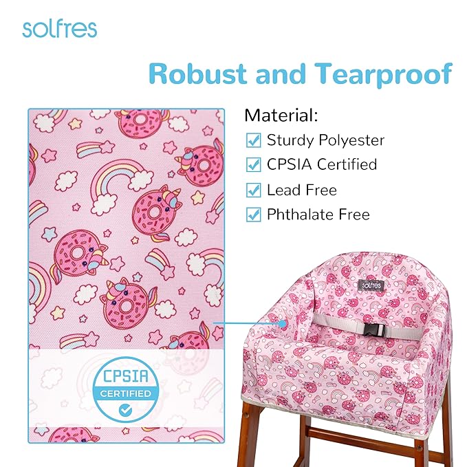 Solfres Dual-Belt High Chair Cover, Baby High Chair Cover, Upgrade Version, for Wooden or Restaurant High Chair, Sturdy and Robust Material, Rainbow Unicorn Donut