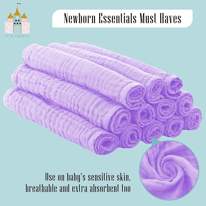 Cute Castle 12 Pack Muslin Burp Cloths for Baby - Ultra-Soft 100% Cotton Baby Washcloths - Large 20'' by 10'' Super Absorbent Milk Spit Up Rags - Burpy Cloths for Unisex, Boy, Girl - Purple