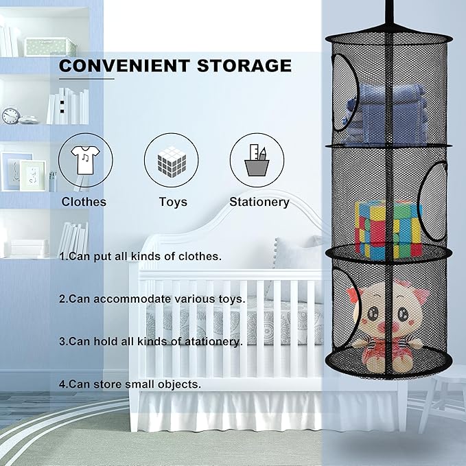 Libeder Mesh Hanging Storage Space Saver Bags Organizer,Foldable Storage Organizer 3 Compartments Toy Storage Basket for Kids Room Bathroom 2 Sets, Black