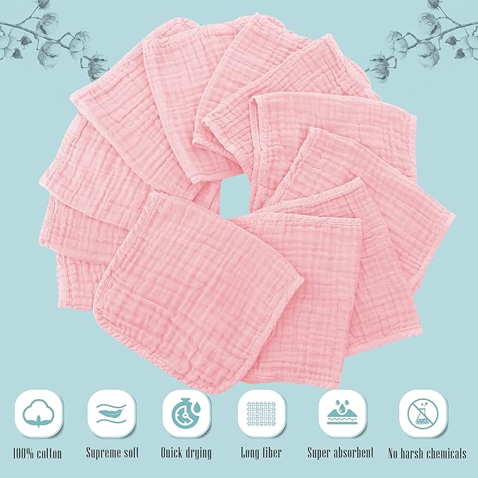 Cute Castle 12 Pack Muslin Burp Cloths for Baby - Ultra-Soft 100% Cotton Baby Washcloths - Large 20'' by 10'' Super Absorbent Milk Spit Up Rags - Burpy Cloths for Unisex, Boy, Girl - Pink