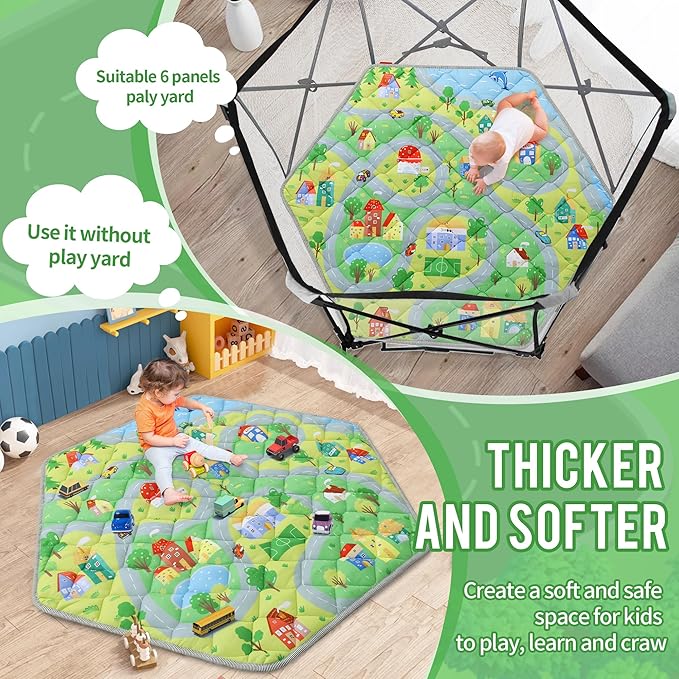 HOMBYS Hexagon Playpen Mat, 52x45 Thicken Soft Playpen Mat Fits Hexagon Portable Play Yard & Playpen, Washable Baby Play Mat Non-Slip Mat for Toddler Kids Crawling & Play, (Road & Car Pattern)