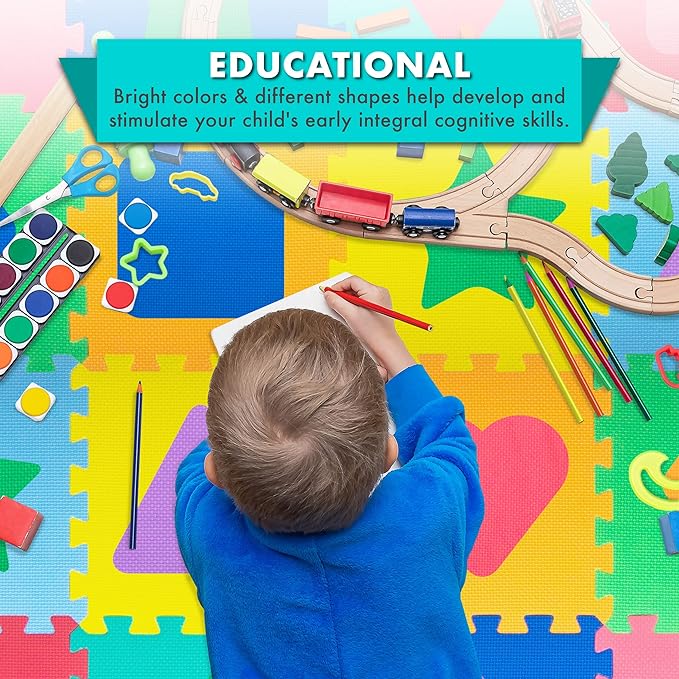 ProSource Kids Puzzle Alphabet & Numbers & Shapes Foam Play Mat 36 Tiles, 12"x12" and 24 Borders