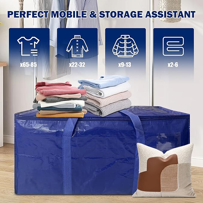 4 Pack Extra Heavy Duty Large Moving Bags with Strong Zipper & Carrying Handles, Sturdy Clothes Storage Bag Totes Bins, Packing Bags Moving Boxes College Moving Supplies, Dark Blue - 33 gal