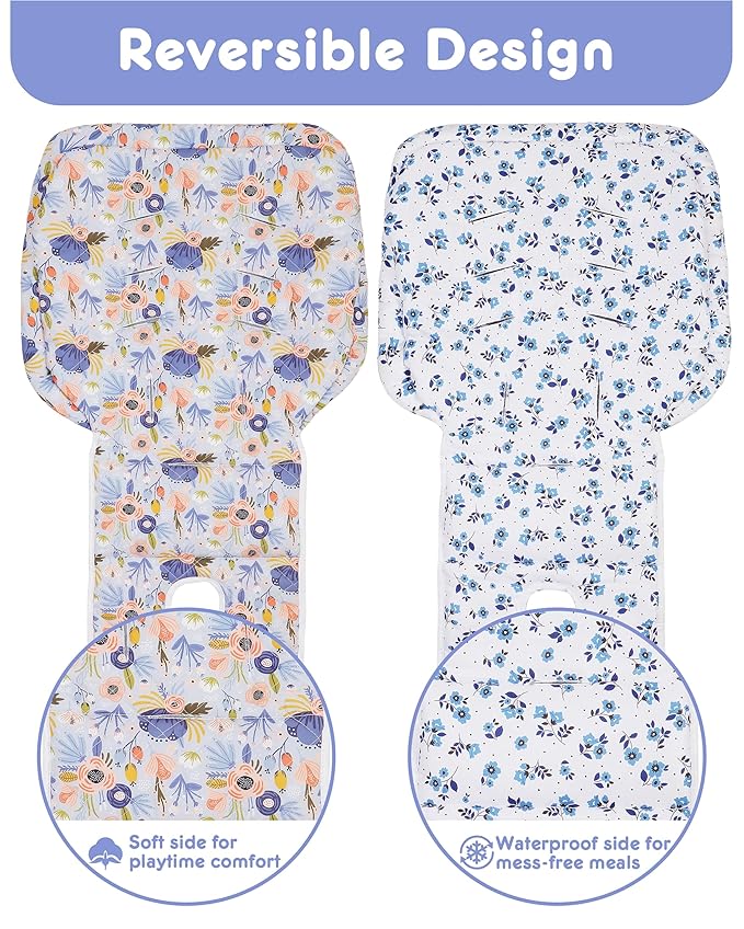 Baby High Chair Cover 2-in-1 Reversible, Includes 5-Point Harness Strap, Waterproof & Soft Side High Chair Pad Cushion, Machine Washable, Extra Thick Highchair Protector-Blue
