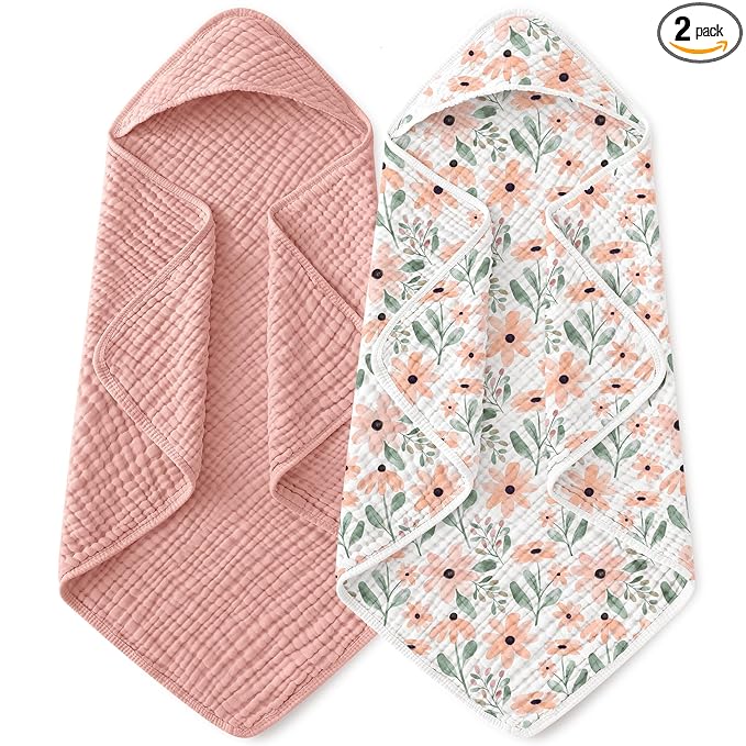 Yoofoss Hooded Baby Towels for Newborn 2 Pack 100% Muslin Organic Cotton Baby Bath Towel with Hood for Babies, Infant, Toddler and Kids, Large 32x32Inch, Soft and Absorbent Newborn Essential