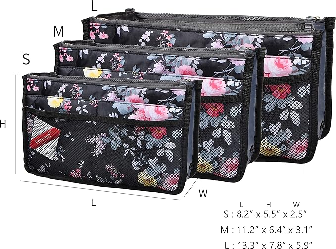 Vercord Purse Organizer Insert for Handbags Bag Organizers Inside Tote Pocketbook Women Nurse Nylon 13 Pockets Peony Flowers Large