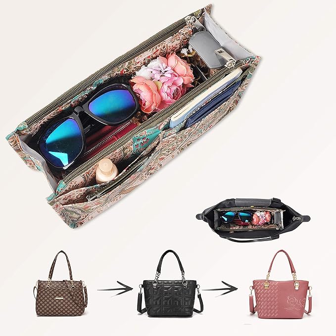 Vercord Patterned Purse Handbag Tote Pocketbook Bag Organizer Insert with Zipper Handle for Women Medium Peacock Flower