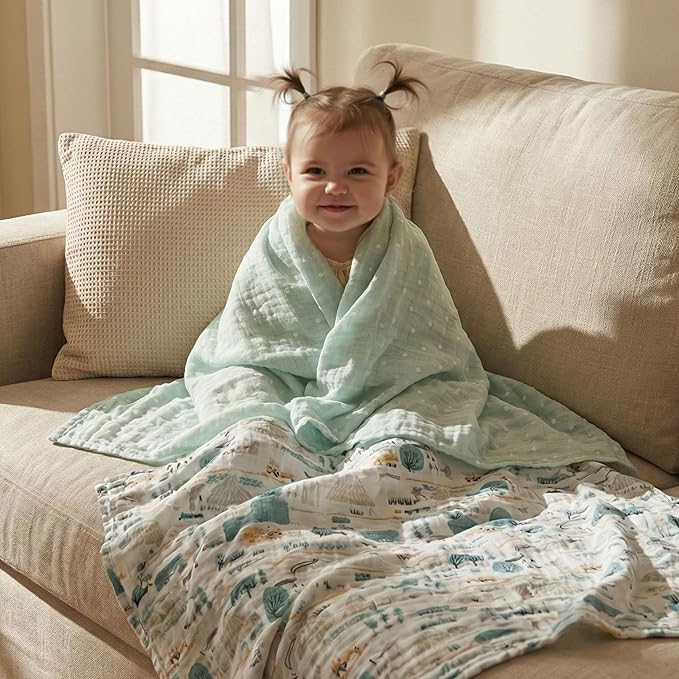 Muslin Swaddle Blankets for Newborn, 4 Pack Cotton Baby Blankets, Large 31.5 x 43.3 inch Breathable Soft Receiving Blanket, Essentials Swaddle Wrap Burping Clothes, Blue Farm Country