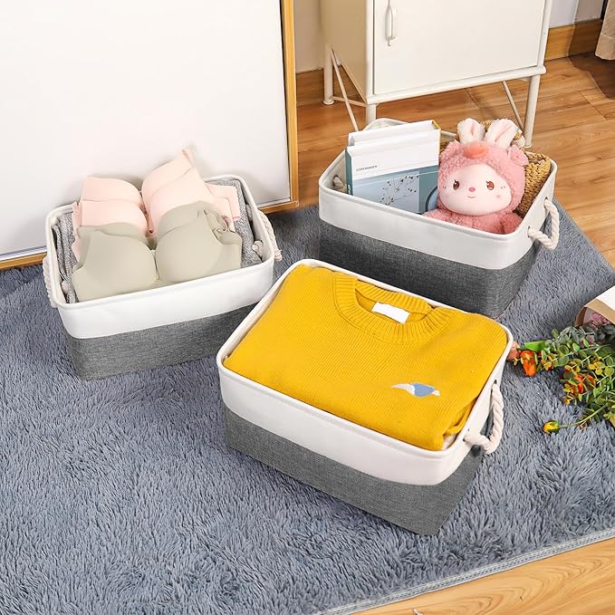 LordCom Storage Bins with Sturdy Cotton Handles(1 Pack), Fabric Storage Baskets for Organizing use for Office & Home, Book, Clothes, Toys, Closet Boxes (Small, Grey-White, 12.2x8.3x6.3 inches)