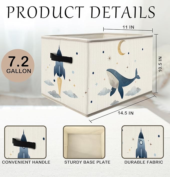 FDHSPAAM Outer Space Rocket Whale Nursery Storage Bins Box with Handles, Cosmic Galaxy Planet Star Moon Collapsible Fabric Storage Basket Box Organizer for Bedroom Bathroom Clothes Toys Books