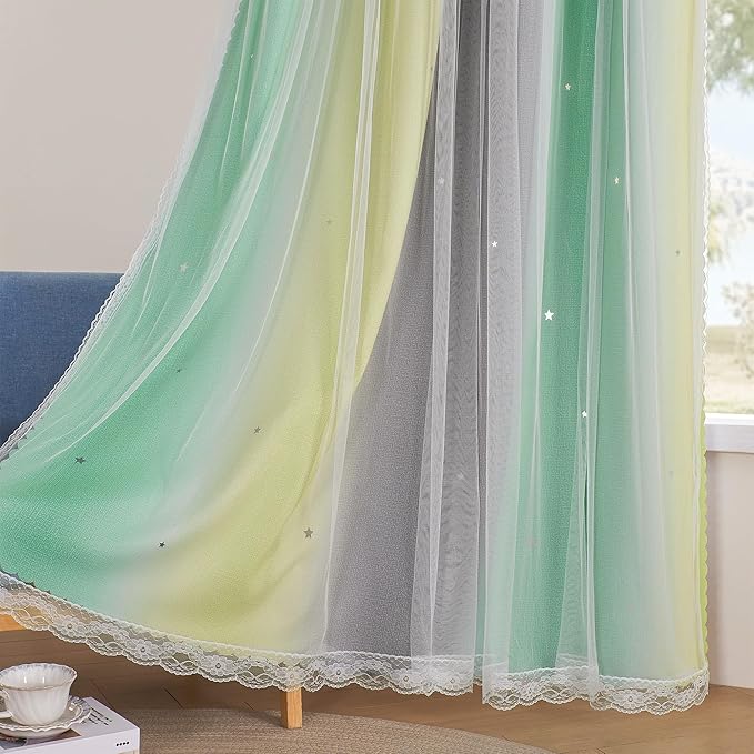 XiDi Curtains for Bedroom Decor, Rainbow GreenYellowGrey52/96/1