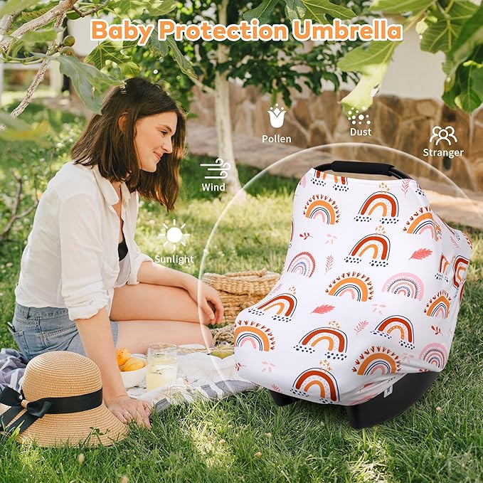 Rquite All-in-1 Car Seat Cover Baby, Carseat Covers for Girl Boy, Stretchy Soft Infant Car Seat Cover, Multi-use Baby Carrier Cover, Car Seat Canopy, Stroller Sun Shade, Nursing Breastfeeding Cover