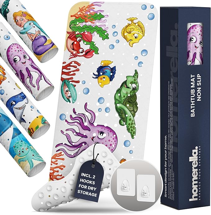 Bath Tub Mat Non Slip Anti Mold for Kids BPA Free INCL Hooks - homerella® Ocean Sea Animals 28x16, Baby Bath Mat Non Slip 200 Suction Cups, Non Toxic Machine Washable Toddler Bath Mat, EU Certified