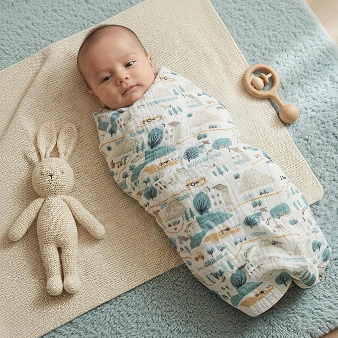 Muslin Swaddle Blankets for Newborn, 4 Pack Cotton Baby Blankets, Large 31.5 x 43.3 inch Breathable Soft Receiving Blanket, Essentials Swaddle Wrap Burping Clothes, Blue Farm Country