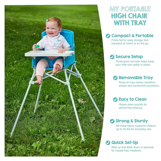 Regalo My Portable High Chair, Foldable High Chair for Babies & Toddlers, Indoor/Outdoor Baby Chair, Travel High Chair with Tray & Cup Holder, Aqua