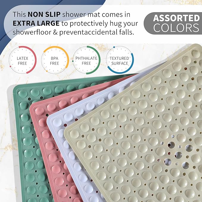 Yimobra Shower Stall Mat Non Slip, 21x21 Inch, Soft Square Bath Mat for Shower with Suction Cups and Drain Holes, Stall Floor Mats for Bathroom, Machine Washable, Bathroom Accessories, Black