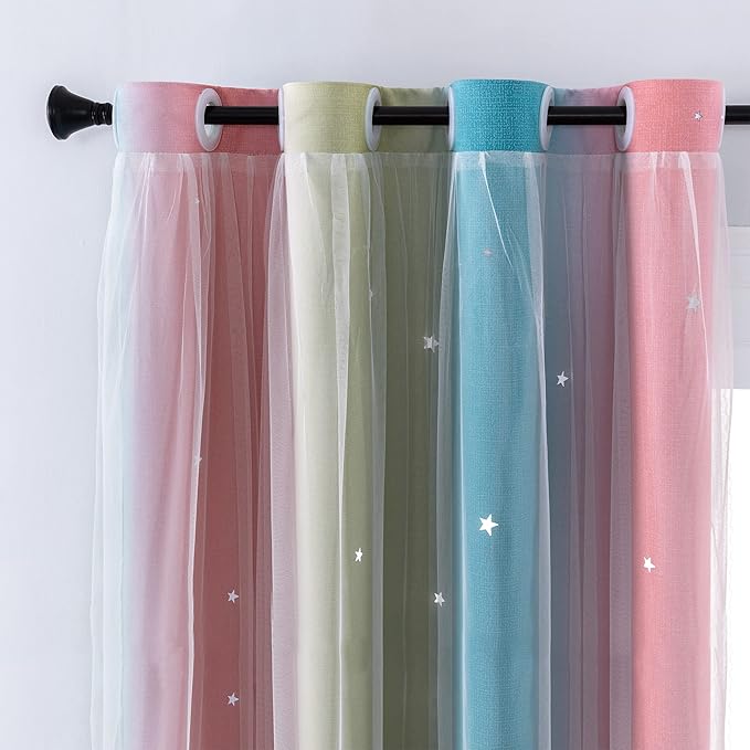 XiDi Curtains for Bedroom Decor, Rainbow Pink-Blue-34-96