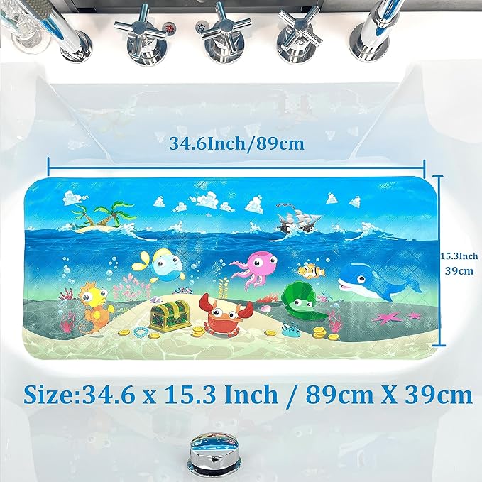 ShineCozy Cartoon Kids Bath Mat - Non Slip Bathtub Mat 35x16 Inch XL Large Size Tub Mats Anti Slip Shower Mats for Bathroom Floor (Ships) (Ships)