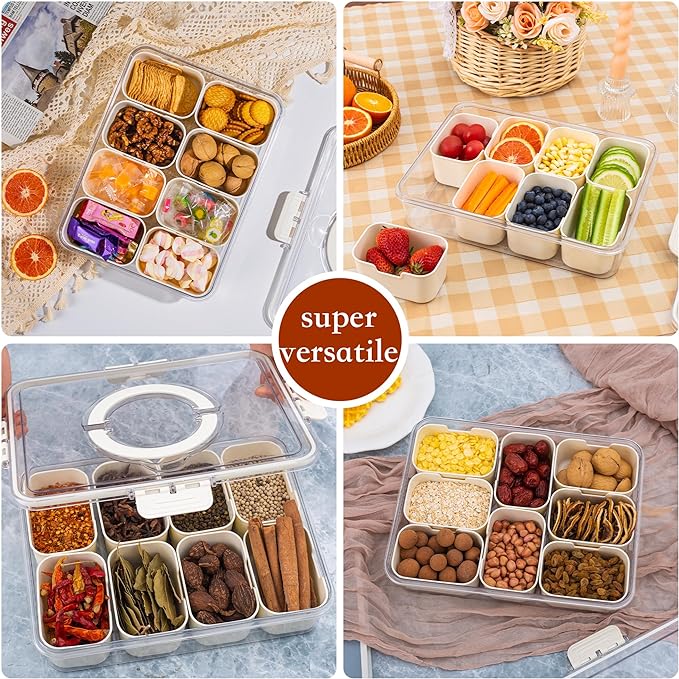 Divided Snack Serving Tray with Lid and Handle Travel Snackle Charcuterie Container Portable Storage Organizer for Candy, Fruits, Nuts, Snacks, Party, Picnic 2 Packs White