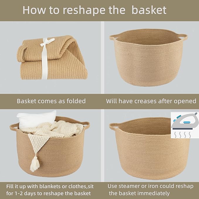 XUANGUO Large Jute Rope Storage Basket Blankets Basket Living Room 22"x12" Toy Baskets for Kids and Dogs Woven Laundry Baskets for Clothes Towels Baby Toy Storage