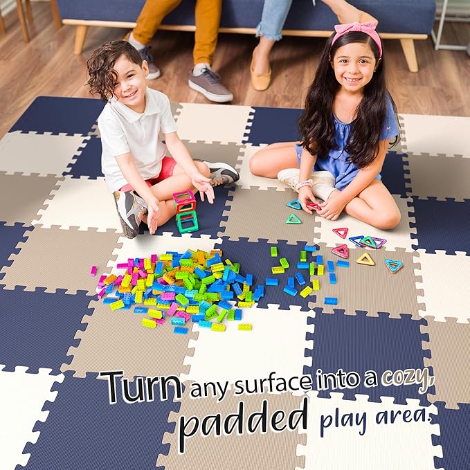 36 Tiles with Borders | 12" x 12" Baby Play Mat Foam Puzzle Floor Tiles | Non-Toxic Soft Waterproof Interlocking EVA Playmat for Nursery Playroom Playpen Toddler Tummy Mat